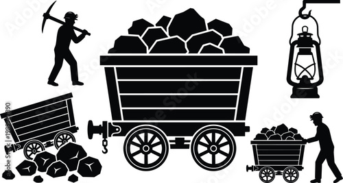 Black and white mining cart with coal pile miner with pickaxe and lantern vector art