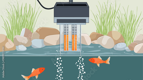 Digital illustration of an aquarium setup with fish, aeration, rocks, and aquatic plants