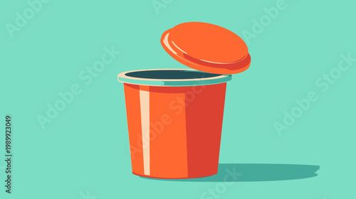 Illustration of a red cup with the lid lifted, casting a shadow on a teal surface