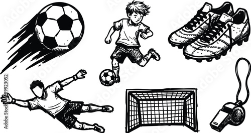 Black and white line art soccer ball player goalkeeper cleats goal and whistle set