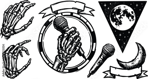 Black and white tattoo flash skeleton hand holding microphone with moon banners