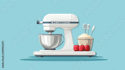 A cartoon illustration of a stand mixer with mixing bowl, utensils, bowl of batter, and apples
