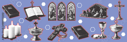 halftone pop art christian religious elements set with bible cross church window chalice and faith symbols collection