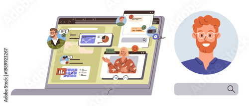 Online meetings, teamwork, remote collaboration, social connections, business communication, video conferencing. Laptop with user profiles and video chat features. Online meetings and teamwork