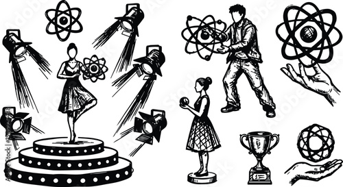 Vector line art ballerina holding atom on podium under spotlights black and white