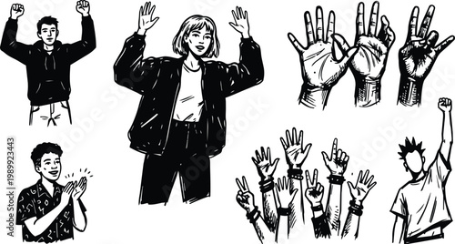 Black and white line art people raising hands clapping and fists in crowd scene