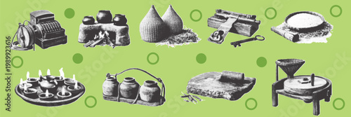 halftone pop art village equipment set with clay pot grinder stove farming tools and rural lifestyle collection