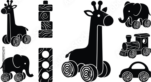 Black and white vector giraffe elephant train and car toys with spiral wheels and wooden blocks
