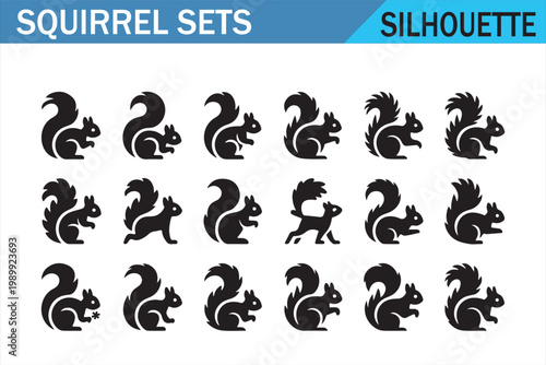 Squirrel silhouette pack with bushy tail poses isolated on white