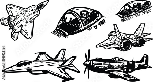 Black and white ink jet and propeller fighter sketches with visible canopies and engines