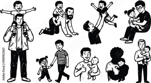 Black and white line art fathers carrying children in playful poses across white panel studio style