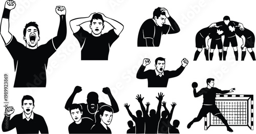Handball vector scenes showing goalkeeper throw team huddle cheering fans in black and white
