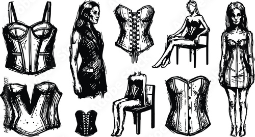 Black and white line art corsets and female figure sketches with lacing and boning details