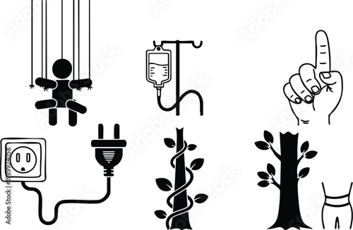 Black and white vector art set showing puppet marionette plug iv bag tree vine and pointing finger