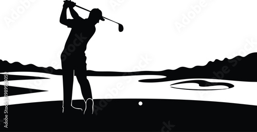 Black and white golfer silhouette mid swing with ball and bunker on course backlit