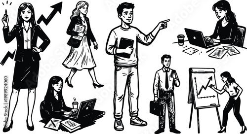 Black and white vector business people set with pointing man flipchart and women working laptops