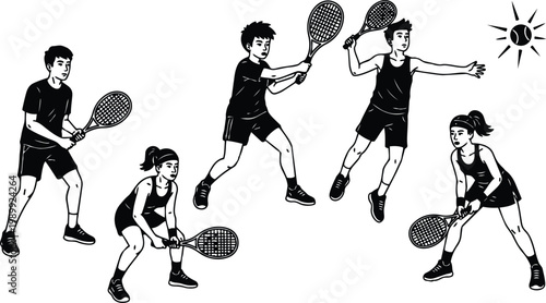 Black and white line art multiple tennis players performing backhand forehand serve and volley actions
