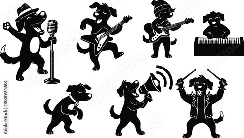 Black and white vector dogs singing and playing guitar keyboard and drums in playful band silhouettes