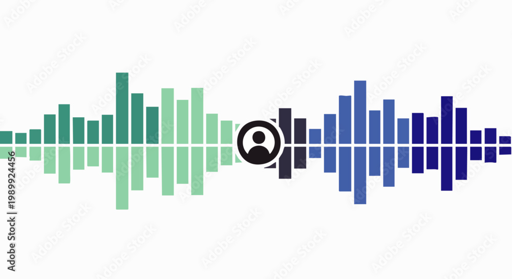 Fototapeta premium Abstract digital audio equalizer bars with a central user avatar, symbolizing sound, voice, communication, podcasting, and online media interaction.