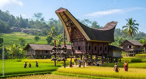 Traditional Toraja House and Rice Terraces in Rural Indonesia