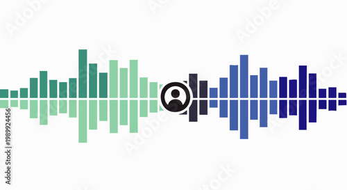 Abstract digital audio equalizer bars with a central user avatar, symbolizing sound, voice, communication, podcasting, and online media interaction.