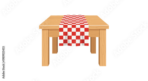 A sturdy light-toned wooden dining table stands firmly while displaying a classic red and white checkered fabric runner draped over its smooth top surface.