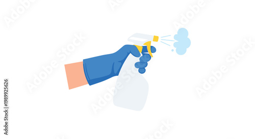 A hand wearing a bright blue protective glove operates a white plastic spray bottle with yellow accents to release a gentle cloud of cleaning product.