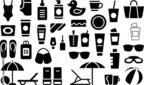 Collection of summer vacation and beach essential icons on a white background