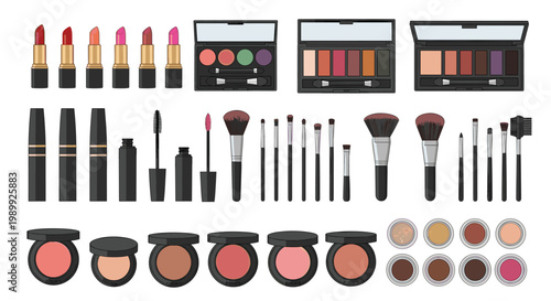 A comprehensive and organized grid layout showcases a vast array of professional makeup tools including numerous brushes, lipsticks, and eyeshadow palettes.