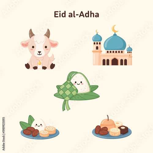 Adorable illustrations capturing the essence of a major religious celebration, featuring a cute goat, a mosque, traditional food, and sweet desserts