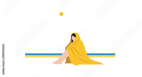 A serene woman wrapped in a vibrant yellow blanket sits peacefully on a minimalist beach under a bright sun against a clean white background aesthetic.