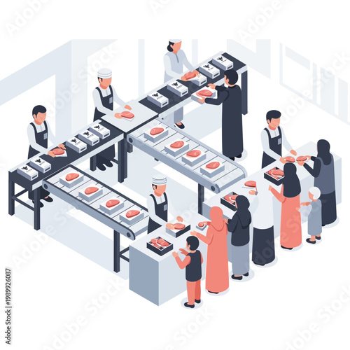 Isometric illustration of a modern meat processing and packaging plant. Workers on assembly lines prepare products for distribution to customers at a retail counter
