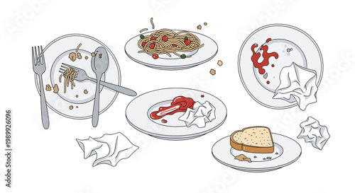Multiple messy white plates covered in leftover spaghetti and red tomato sauce stains sit scattered alongside used crumpled napkins on a plain surface.