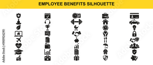 Employee Benefits Silhouette Icon Set Featuring Healthcare Insurance Salary Bonus Retirement Paid Leave Career Growth Compensation Human Resources and Corporate Welfare Symbols Vector Collection