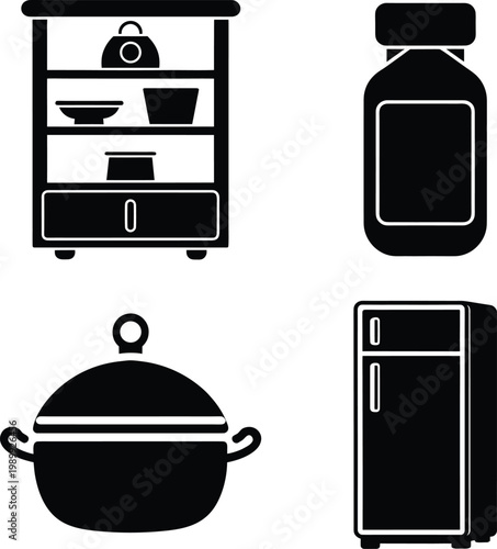 Kitchen Furniture and Cooking Utensils Glyph Icon Collection