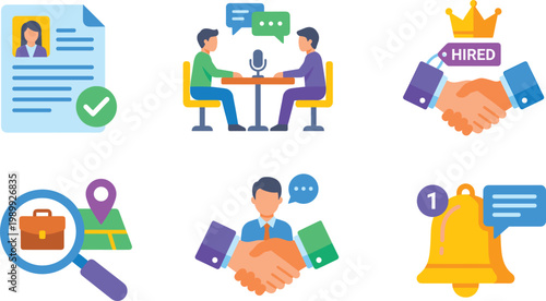 Comprehensive Job Recruitment and Employment Icon Set Featuring Resume Screening, Interview Process, Successful Hiring Handshake, Job Search, and Notification Alerts