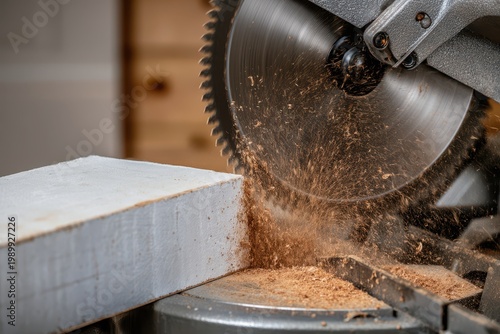 Close-up of a miter saw blade cutting through a white wooden plank, creating sawdust.