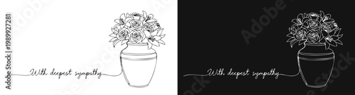 Sympathy card with ash urn, bouquet and heartfelt message "WITH DEEPEST SYMPATHY", on contrasting removable background, simple continuous line drawing style, copy space for personalized text
