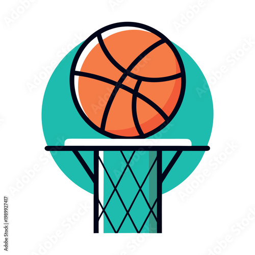 A minimalist flat design illustration of a basketball entering a hoop with a teal background circle. Vector