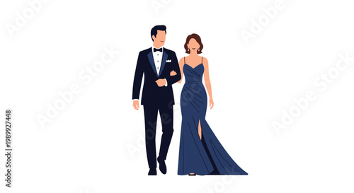 A sophisticated couple in elegant formal attire walks together with the man in a black tuxedo and the woman in a navy gown against a pristine white background.