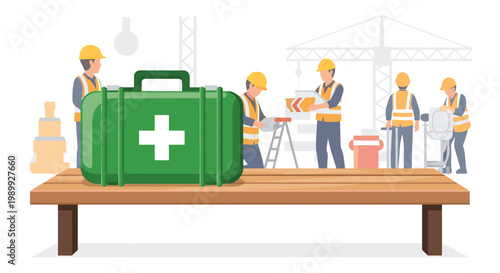 A vibrant green first aid kit rests prominently on a sturdy wooden bench while construction workers operate heavy machinery in the soft background setting.