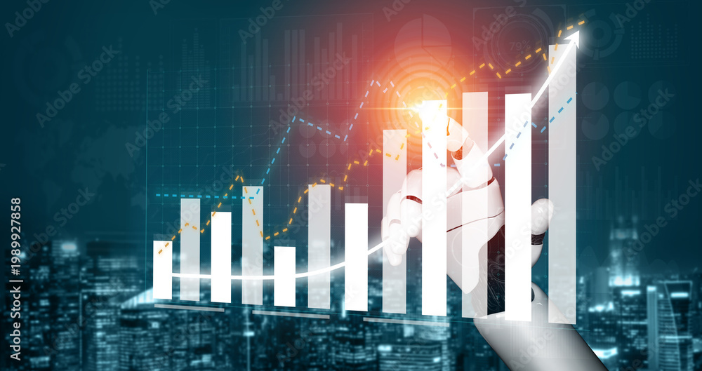 Fototapeta premium A dynamic business growth concept featuring a hand pointing at rising graphs and charts, symbolizing success and progress in a digital city environment. Impute
