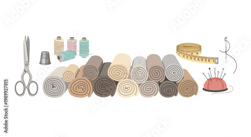 A meticulous arrangement of sewing supplies featuring various rolls of neutral fabric, colorful thread spools, sharp metal scissors, and a pin cushion.