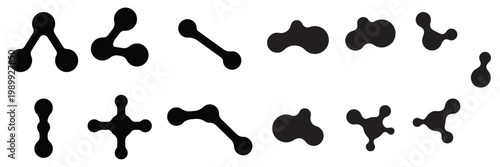 Diagonal metaball connected circles shape. Abstract nerve cell dots or computer nano net . Pattern of black metaballs isolated on white background. Metaball dot icon symbol set Set color metaballs set