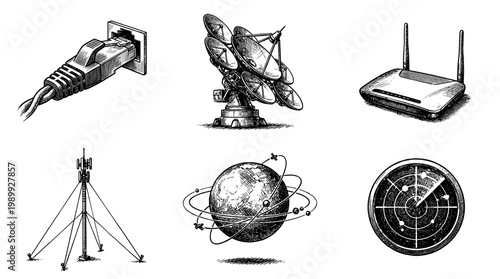 Collection of hand-drawn vintage style communication technology icons featuring network cables, satellite antennas, router, telecommunication tower, and global connectivity
