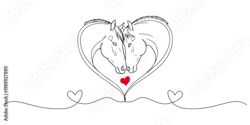 Minimal line art of two horses forming a heart with a red heart accent.