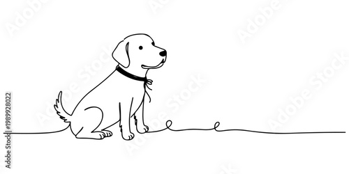 Minimal continuous line drawing of a seated dog on leash.