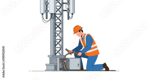 A dedicated engineer wearing a bright orange safety vest kneels at the base of a tall metal tower to repair intricate electrical components meticulously.