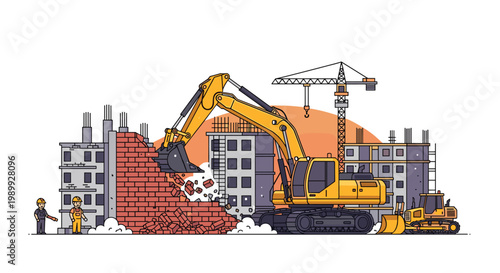 A powerful yellow excavator uses its heavy bucket to demolish a red brick wall at a busy urban construction site during a warm and vibrant sunset scene.