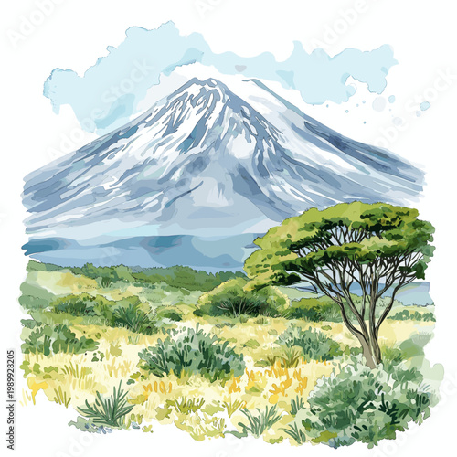 Mount Kilimanjaro. Mount Kilimanjaro hand drawn watercolor illustration on white background